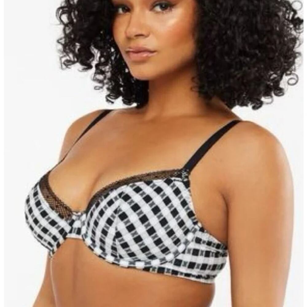 Savage Fenty Black White Gingham Unlined Plunge Bra Women's‎ Size 34C NWT